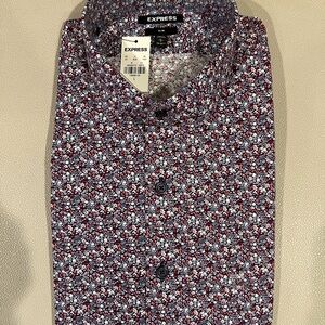 Express Men's Floral Button Down Shirt - Red, Black, and White